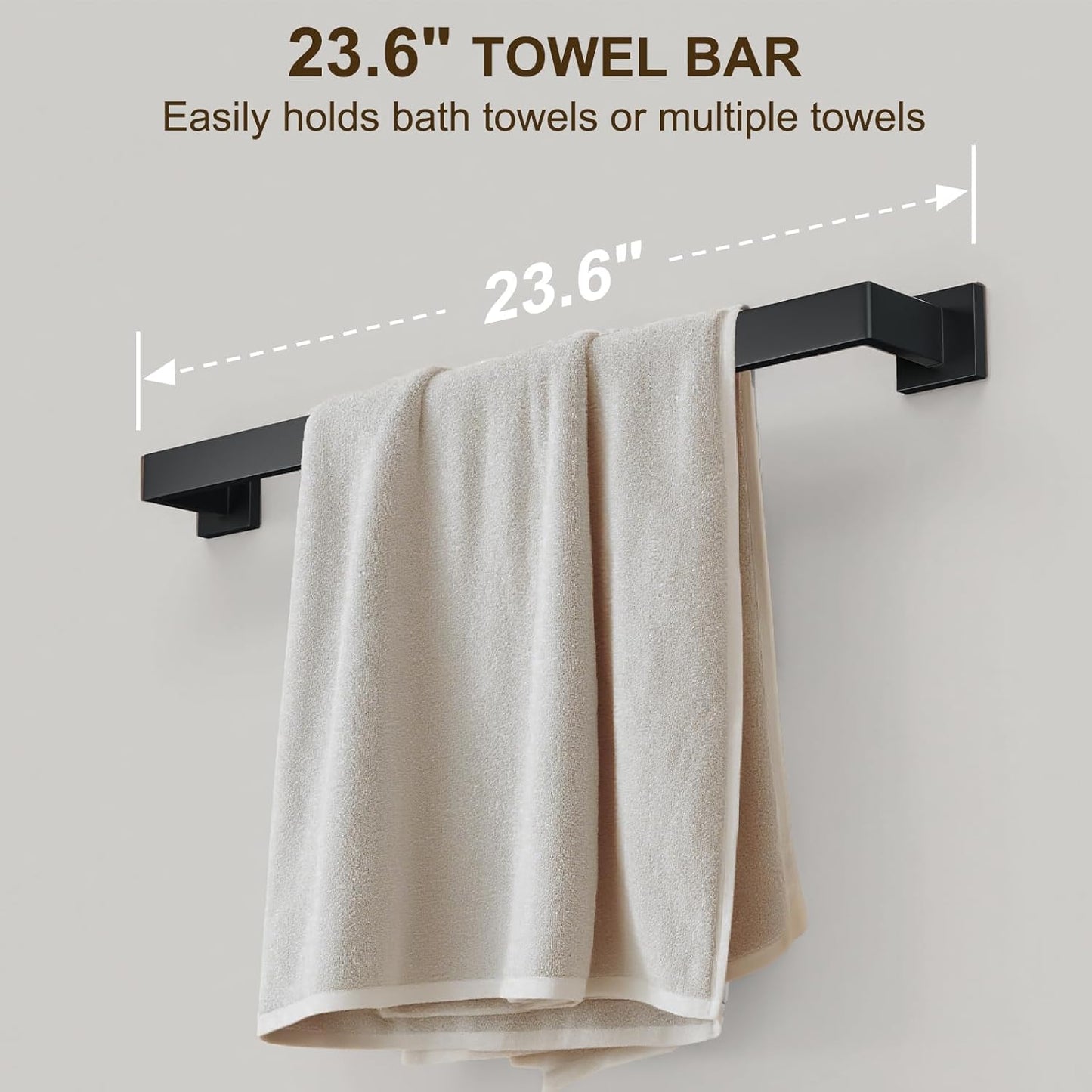 5 Pcs SUS304 Stainless Steel Bathroom Accessories Set, 23.6" Towel Bar, Multi-Purpose Toilet Paper Holder, Towel Ring, Towel Hooks, Minimalist Design for All Styles Bathrooms (Matte Black)