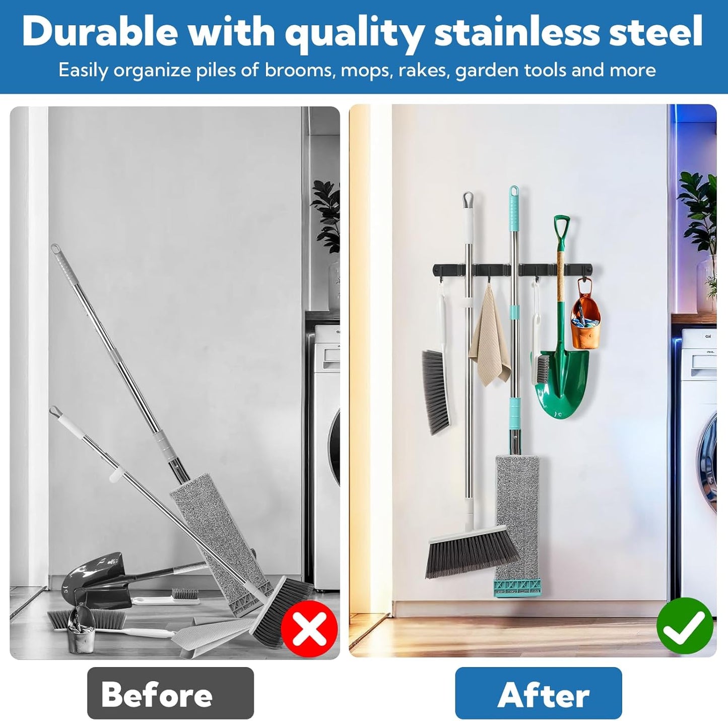 3 Pack Black Mop and Broom Holder Wall Mount Self Adhesive 3 Racks with 4 Hooks Broom Organizer Wall Mount Stainless Steel Broom Hanger for Home Kitchen Garden Laundry Garage Organization Storage