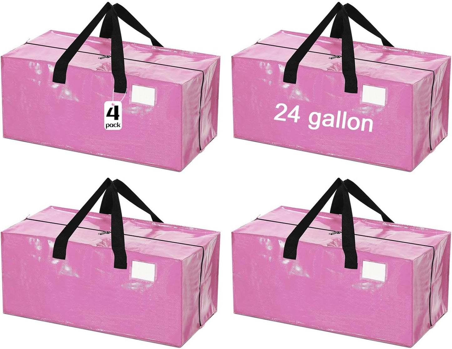 4 Pcs 24 Gallon Large Moving Bags with Zipper and Handles Foldable Storage Duffle Bags Heavy Duty Extra Large Totes for College Dorm Travel Clothes Blankets Bedding Moving (Pink)
