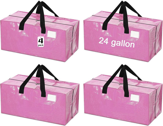 4 Pcs 24 Gallon Large Moving Bags with Zipper and Handles Foldable Storage Duffle Bags Heavy Duty Extra Large Totes for College Dorm Travel Clothes Blankets Bedding Moving (Pink)