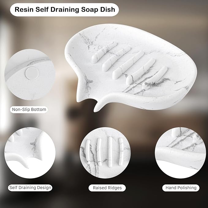 2 Pcs Soap Dish with Drain- Self Draining Bar Soap Holder for Shower, Marble Look Soap Savers Soap Tray Sponge Holder for Kitchen, Bathroom, Bathtub Sink, White
