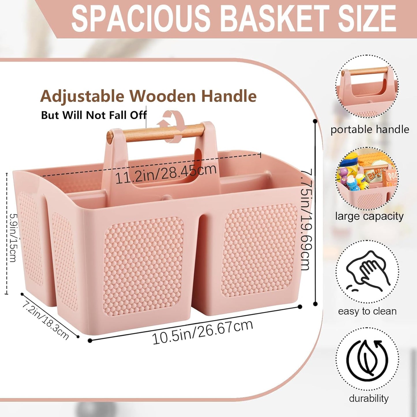 Haundry Plastic Pink Shower Caddy Basket with 3 Compartments, Portable Divided Bathroom Cleaning Caddy Organizer Storage Tote with Handle for Dorm, College, Room Essentials