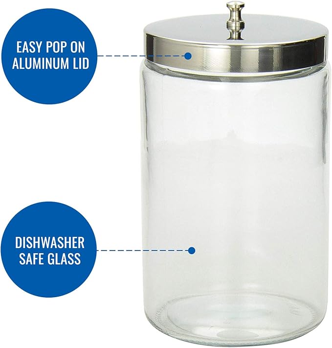 MABIS Decorative Storage Apothecary Clear Glass Jar for Kitchen, Bathroom or Laundry Organization, Medical Sundry Jar with Metal Lid, 4.1 x 3.9 x 7 inches (Pack of 6)