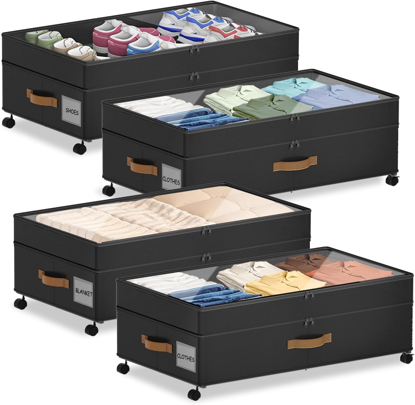 4 Pack Under Bed Storage with Wheels, Adjustable Height Storage Containers, 10 inches Large Capacity Rolling Underbed with Lids, Storage Drawers Shoes, Clothes, Blankets, Black