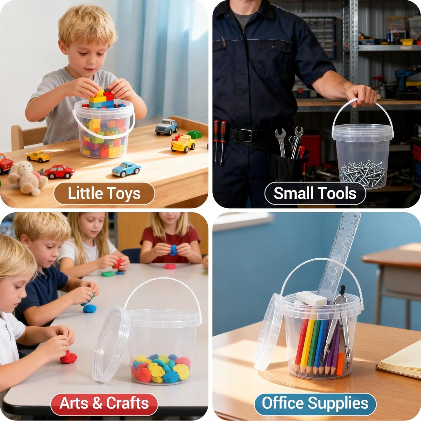 4 Pack 64oz Food Grade Plastic Buckets with Screw Lids & Handle, Reusable Storage Containers for Snacks, Salad, Sauce - Clear Freezer Safe Bucket Set