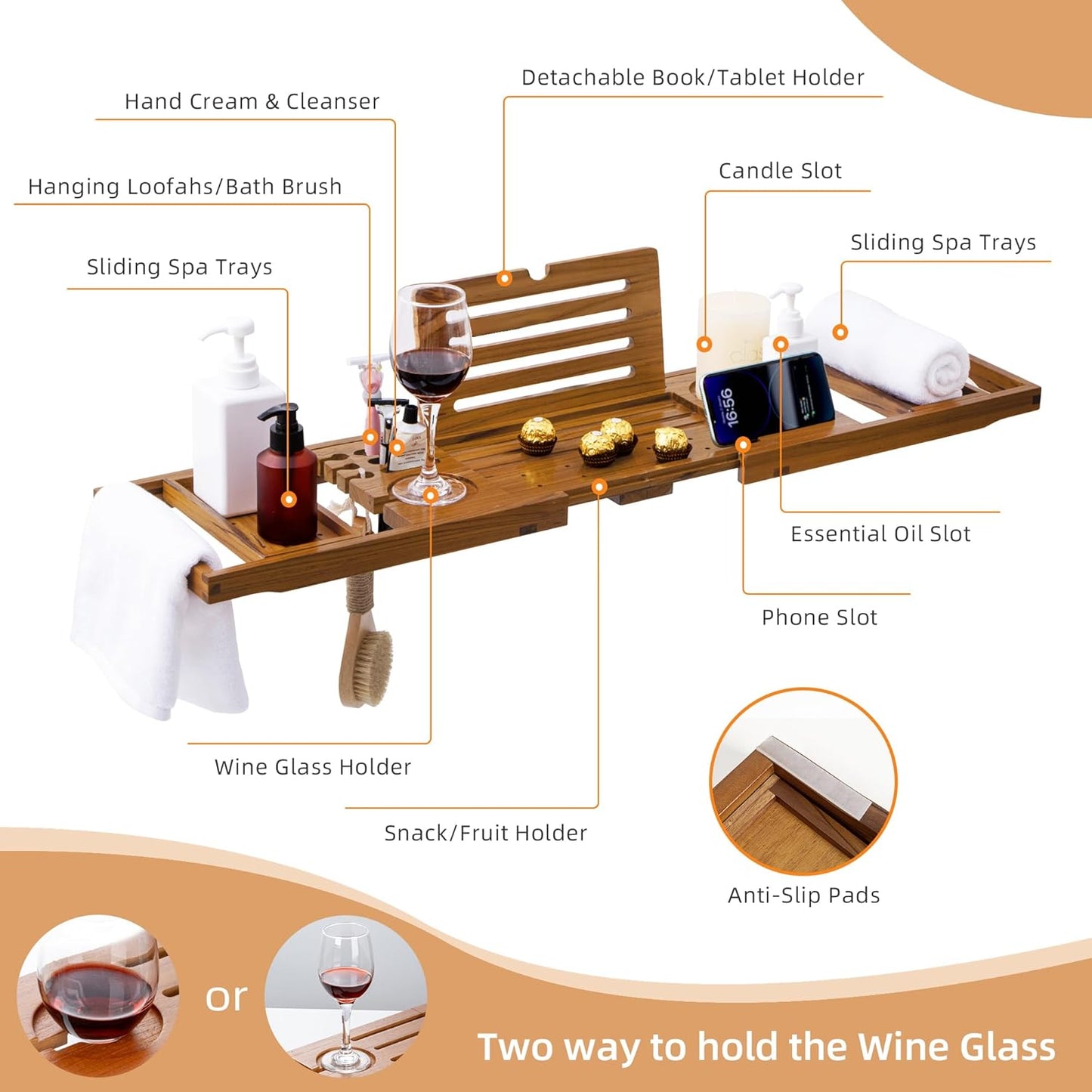 Luxury Teak Bathtub Tray - Foldable Bath Caddy with Expandable Handles, Wine Glass & Phone Holder, Book Stand - Enhance Home Spa Experience with Natural Material - Relaxing & Reading, Teak