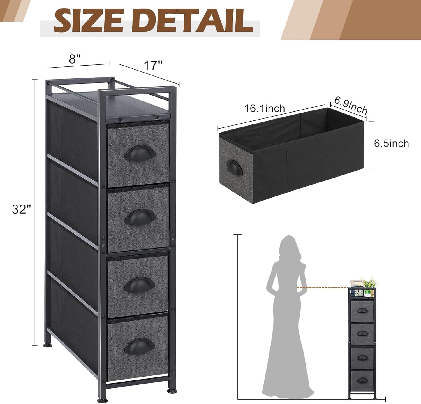 MOOACE Narrow Dresser with 4 Drawers, Dresser for Bedroom, Small Fabric Dresser Vertical Storage Tower Standing, Steel Frame & Wooden Top Chest of Drawers for Bedroom, Bathroom & Laundry, Black/Gray