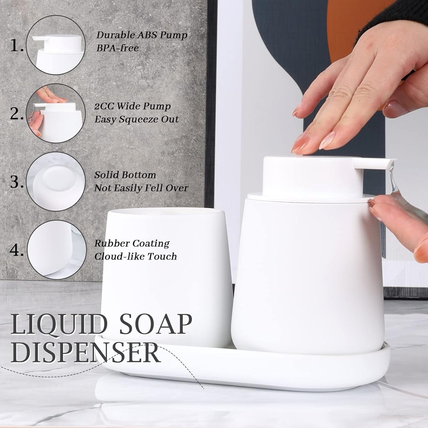 BosilunLife White Bathroom Accessory Set - 3 pcs Ceramic Bathroom Soap Dispenser Set Farmhouse Bathroom Decor Sets Accessories, Soap Dispenser and Toothbrush Holder, Tray (White Set - Liquid Pump)