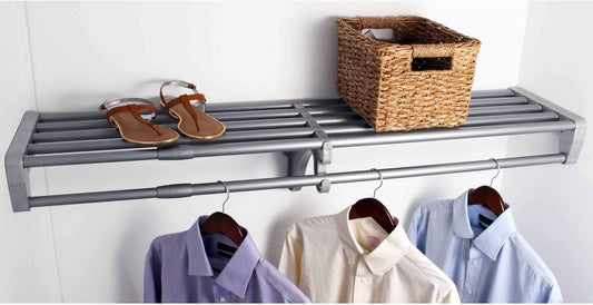 EZ Shelf - DIY Expandable Closet Shelf and Rod, 40" - 73", MOUNTS Between 2 Side Walls (No End Brackets), Silver