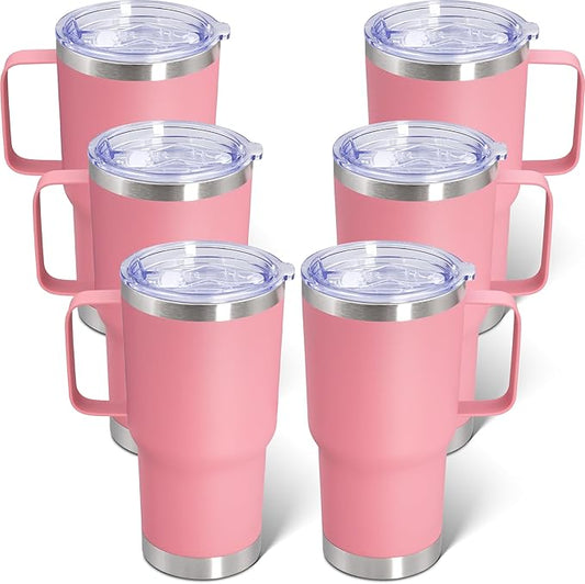 20 oz Tumbler with Handle and Lid, Stainless Steel Tumbler Insulated Travel Coffee Mug, Spill Proof Double Wall Vacuum Tumbler Cup Keep Drink Hot & Cold, Pink, 6 Pack