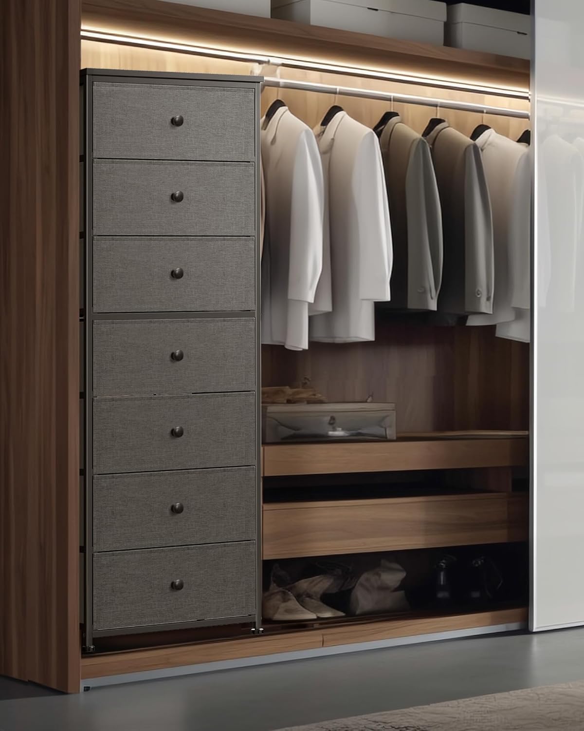 Tall Fabric Dresser for Bedroom, Vertical Storage Organizer Tower with 7 Drawers, Chest of Drawers with Bins, Steel Frame, Wood Top for Bedroom, Closet, Entryway Grey