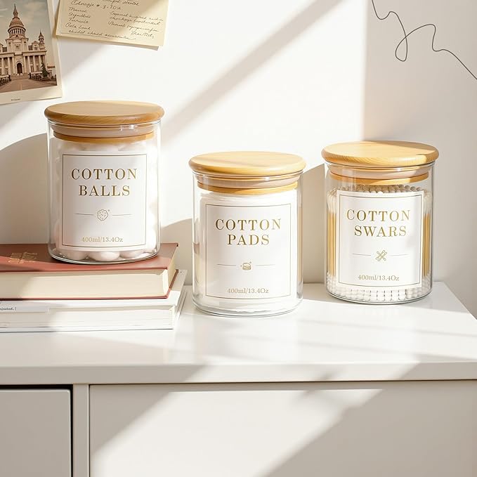 Luxspire 3 Pack Glass Qtip Holder Dispenser, 13.4 oz Cotton Swab Holder with Bamboo Lids, Glass Apothecary Jars Bathroom Accessories Canisters for Cotton Swabs, Balls, Pads, Floss Picks