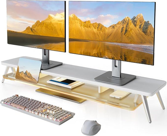 Fenge Dual Monitor Stand, 2 Tiers Acrylic Monitor Riser with LED Lights, 42.5 Inch Wood and Aluminum Desk Shelf with Phone and Tablet Holder