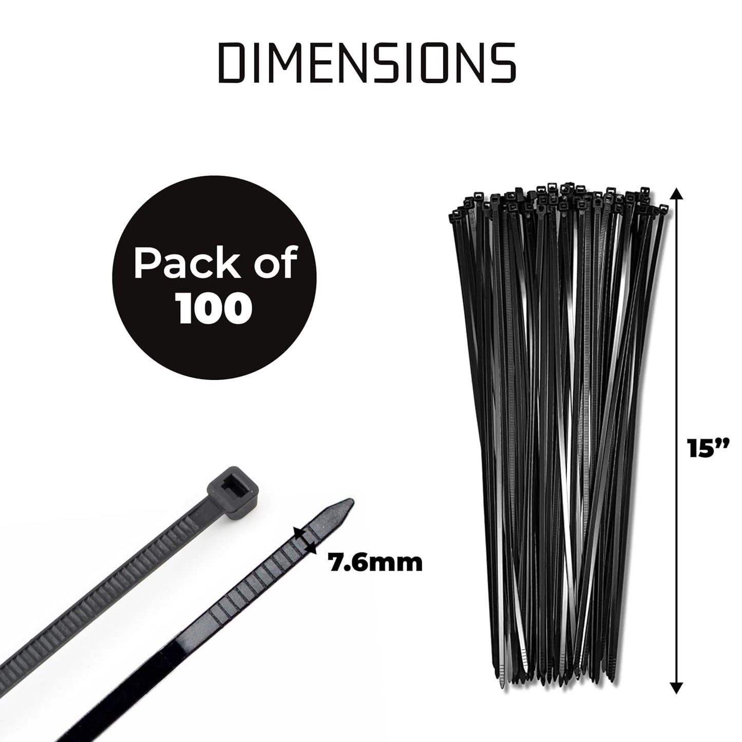 15" Black Zip Cable Ties (100 Pack), 120lbs Tensile Strength - Heavy Duty, Self-Locking Premium Nylon Cable Wire Ties for Indoor and Outdoor by Bolt Dropper (Black)