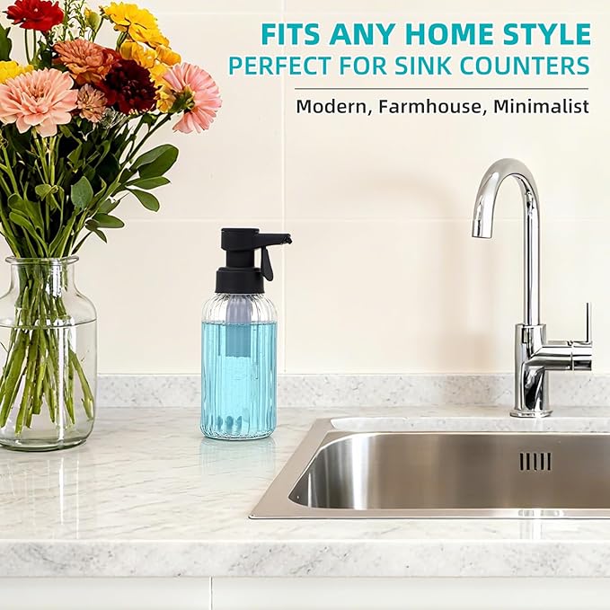 Automatic Foaming Soap Dispenser, 17oz Clear Glass Hand Soap Dispenser with ABS Touch Sensor Pump Battery Operated, Dish/Hand Soap Refillable for Bathroom Kitchen (Black)