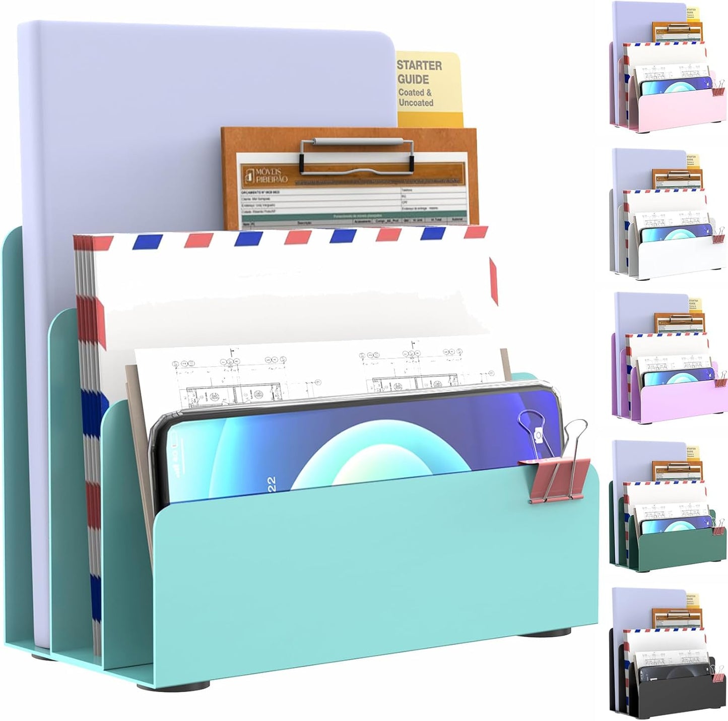 Mail Organizer Countertop, Small Desk File Organizer, Metal File Holder - Essential Workspace Organizers for Office Desk, Home Office (Blue)