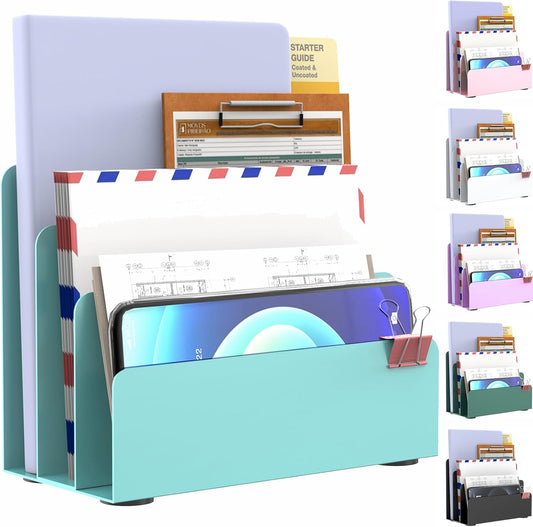 Mail Organizer Countertop, Small Desk File Organizer, Metal File Holder - Essential Workspace Organizers for Office Desk, Home Office (Blue)