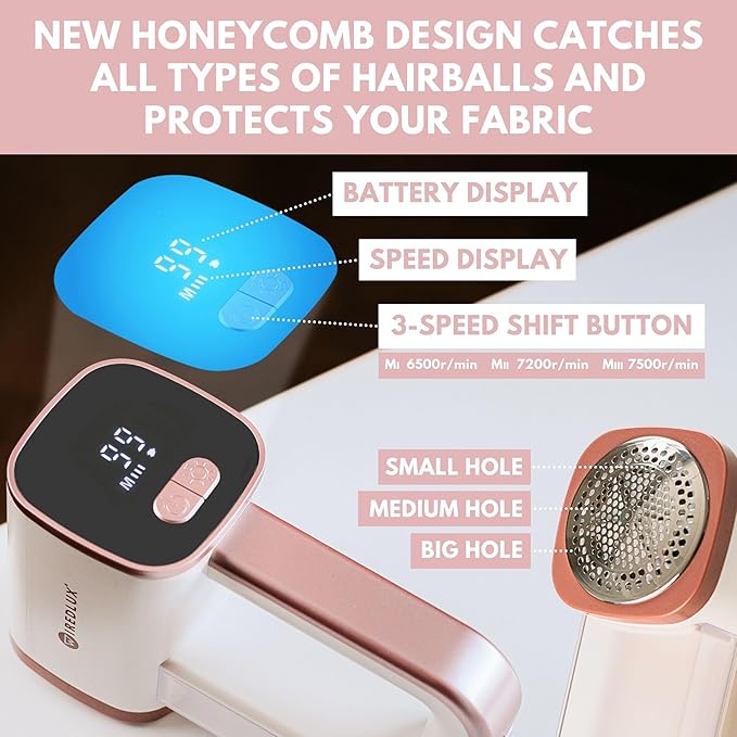 Electric Lint Remover - Rechargeable Fabric Shaver for Clothes & Couch - Adjustable 3-Speed, 6-Leaf Blade, LED Light, USB Charging - Depiller with Dual Protection (Moostone/Rose Quartz)