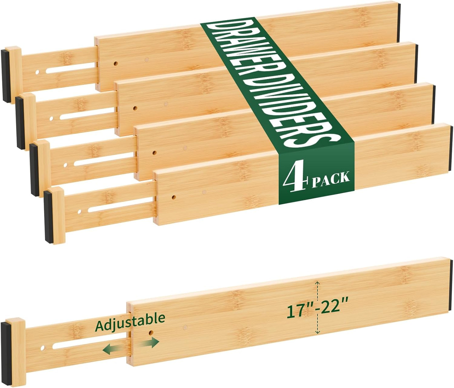 4 Pack Bamboo Drawer Dividers 2.6" High,17-22" Adjustable Spring Loaded Clothes Drawer Organizers for Kitchen, Dresser, Bathroom, Bedroom and Office
