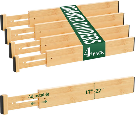 4 Pack Bamboo Drawer Dividers 2.6" High,17-22" Adjustable Spring Loaded Clothes Drawer Organizers for Kitchen, Dresser, Bathroom, Bedroom and Office