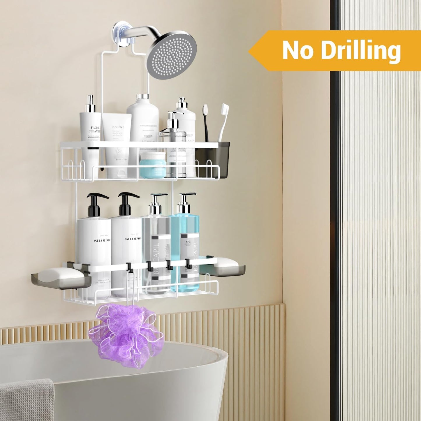 Shower Caddy Hanging Bathroom Organizer: Rustproof Shelf for Inside Shower - No Drilling Racks Over Showerhead - Bath Shelves for Shampoo, Soap White