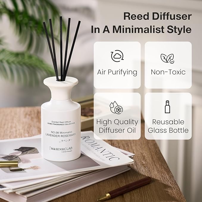 M&SENSE Minimalist Large Reed Diffuser 300ml, Lavender Rosemary Scented with Natural Essential Oils, Long Lasting with 7 Sticks, Non-Toxic Home Fragrance for Bedroom, Bathroom Decor