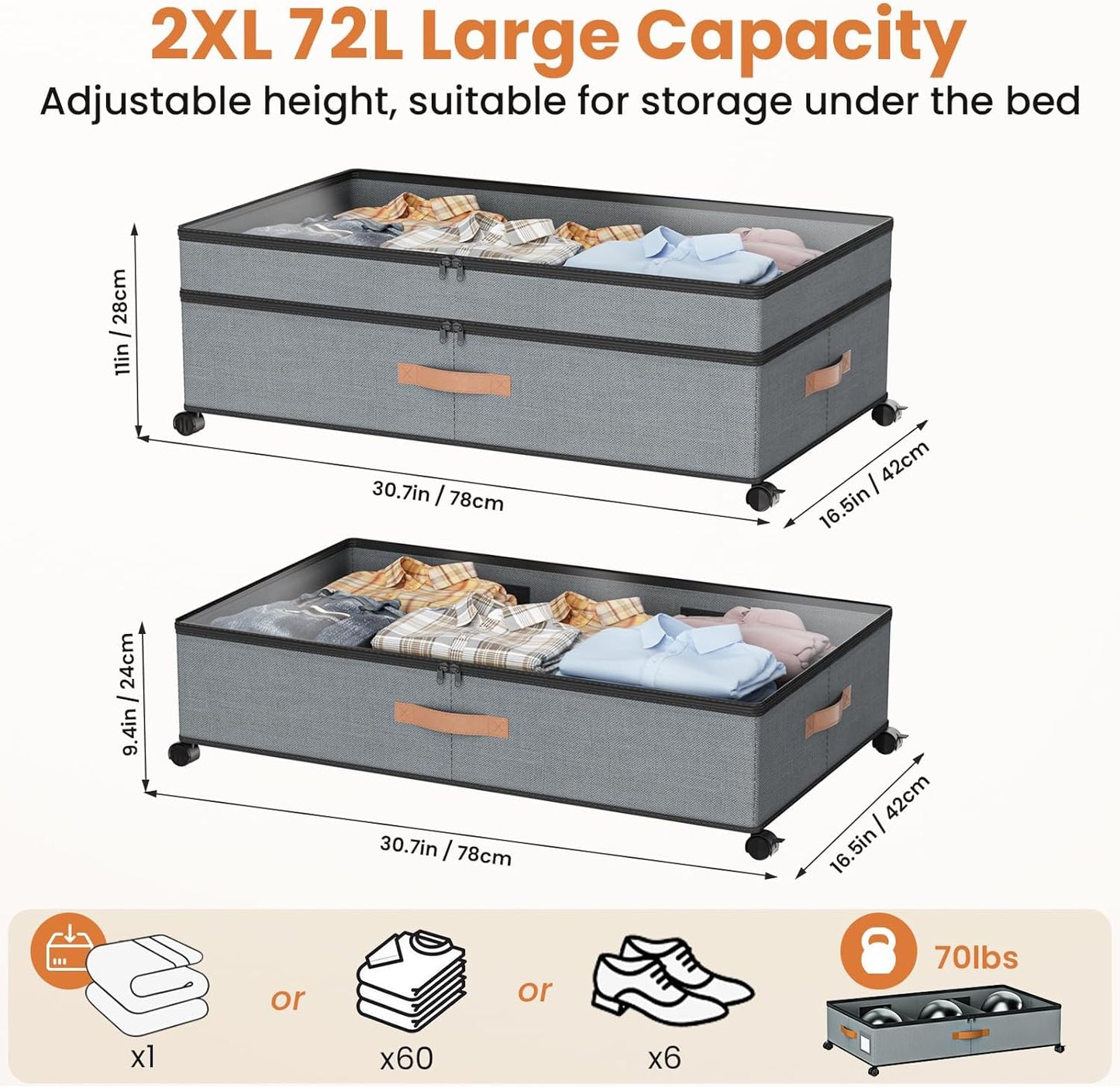 Under Bed Storage with Wheels, 72L XXL Under the Bed Storage Containers Large, 11‘’ Tall Adjustable Storage for Underbed with Lids, Rolling for Shoes, Clothes, Blankets, Grey