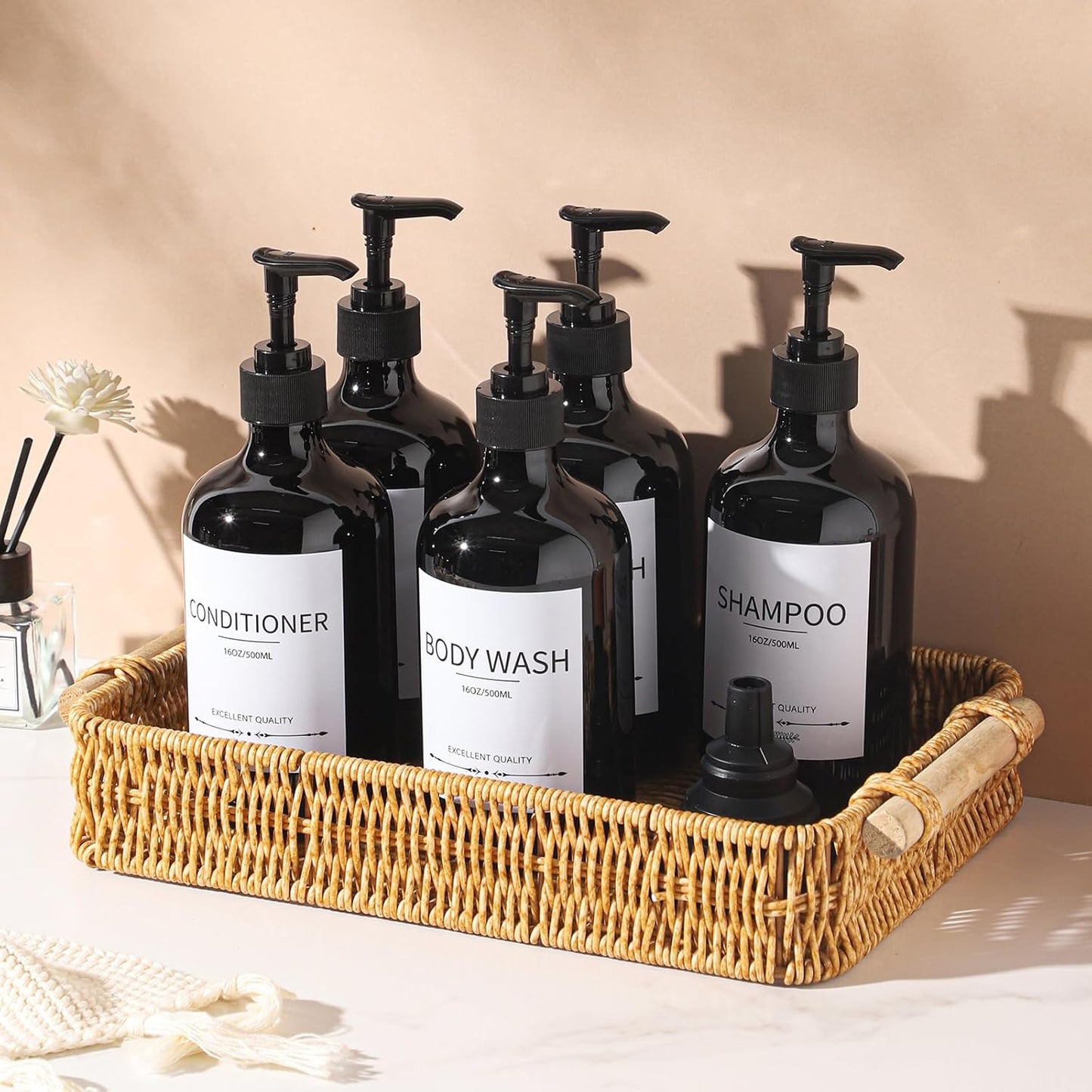 Stylish Shampoo Dispenser Bottles,(5Pack)16.9oz Black Shampoo Bottles Refillable with Pump,Shampoo and Conditioner Dispenser