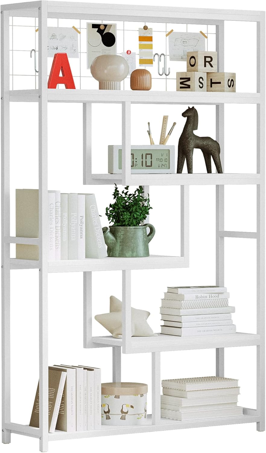 IRONCK Bookshelves and Bookcases 6-Shelf Etagere Bookcase, Industrial Open Display Shelves Geometric Bookcase with Sturdy Metal Frame，Industrial White