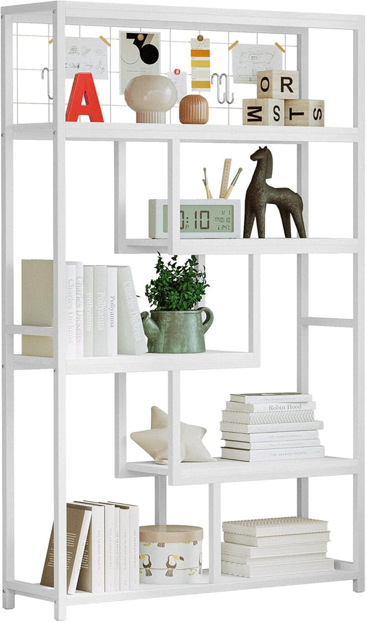 IRONCK Bookshelves and Bookcases 6-Shelf Etagere Bookcase, Industrial Open Display Shelves Geometric Bookcase with Sturdy Metal Frame，Industrial White