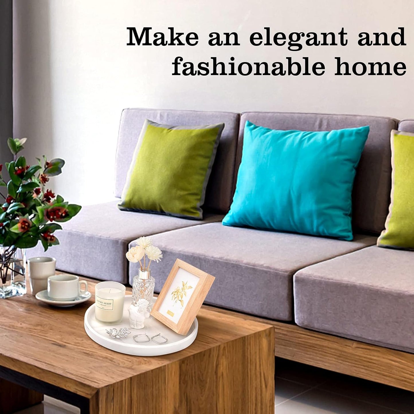 Emibele Vanity Tray, Resin Round Tray Decorative Storage Organizer for Bathroom Toilet Tank Bedroom Kitchen Countertop, Jewelry Storage Dresser Tray for Candle, Lotion Bottle, Cosmetics, Marble White