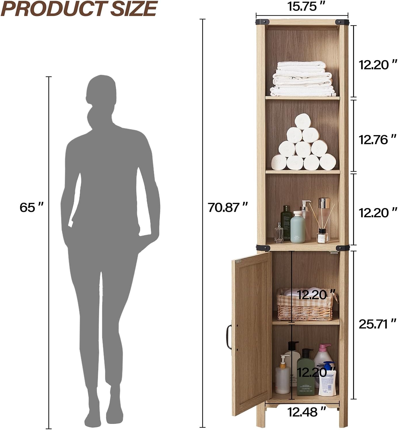 Bathroom Storage Cabinet, 5-Shelf Farmhouse Storage Cabinet with Barn Door&Adjustable Shelves, Bathroom Organizer for Living Room, Kitchen (Natural Oak)