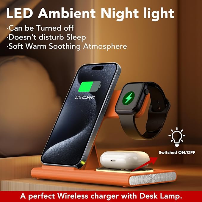 3 in 1 Charging Station for iPhone 17 - Wireless Charger for Apple Products for iPhone 17 16 15 14 13 12 11 Pro Max - Foldable Wireless Charging Station Dock Stand for iWatch Series & AirPods(Orange)