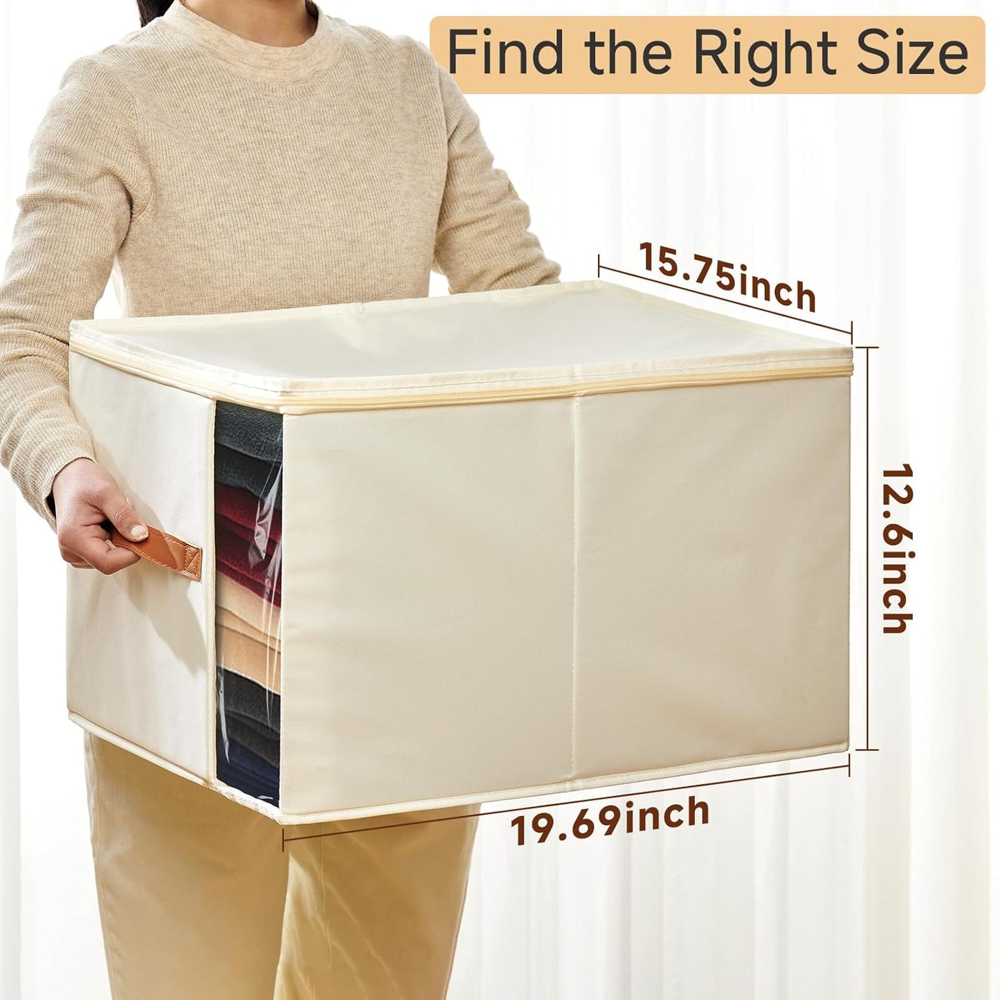 Large Clothes Storage Bins with Sturdy Frame, Foldable Clothing Organizer Box, Sweater Storage Cube with Lids and Zipper, Fabric Bedding Storage Bags for Blankets, Seasonal Clothes, Comforter