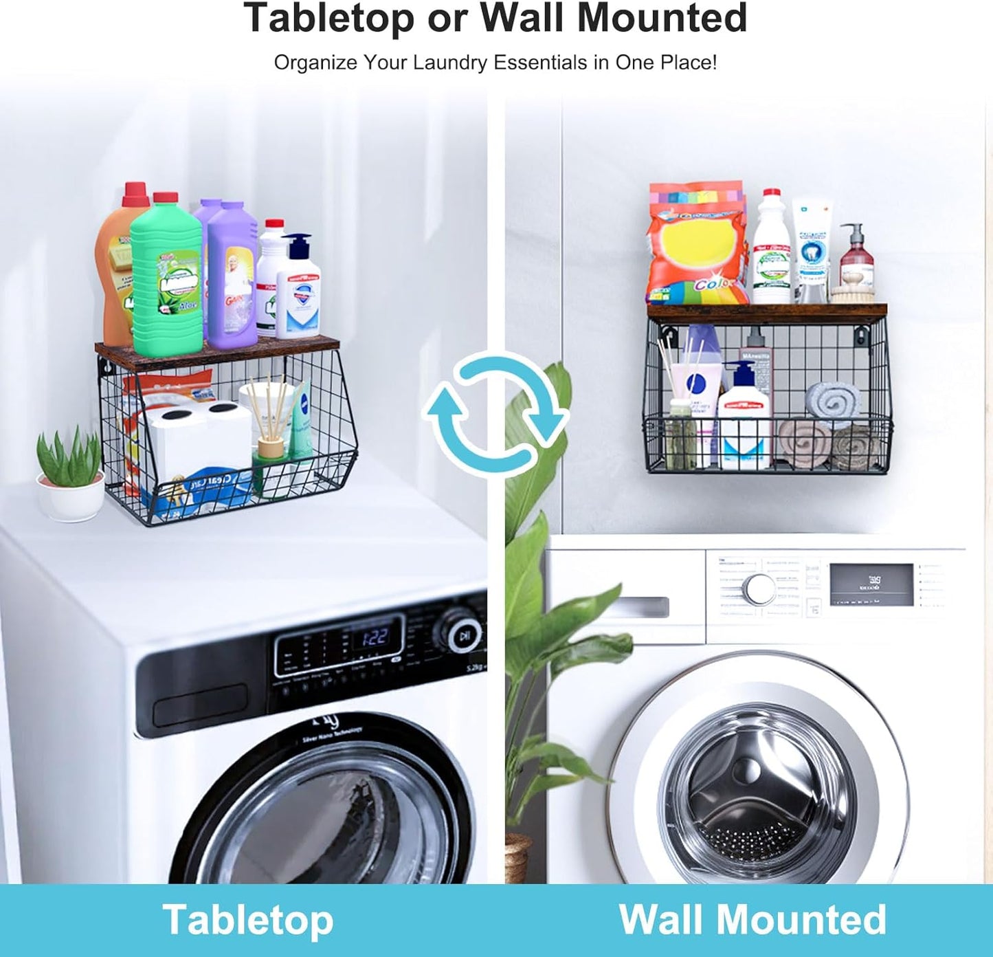 Laundry Room Shelves Wall Mounted with Storage Basket - Stackable Wire Wall Shelves Organizer for Towels, Detergent, Tissues | Space-Saving Over Washer & Dryer, Small Spaces(11.8"Wx7.9"Dx8.5"H)