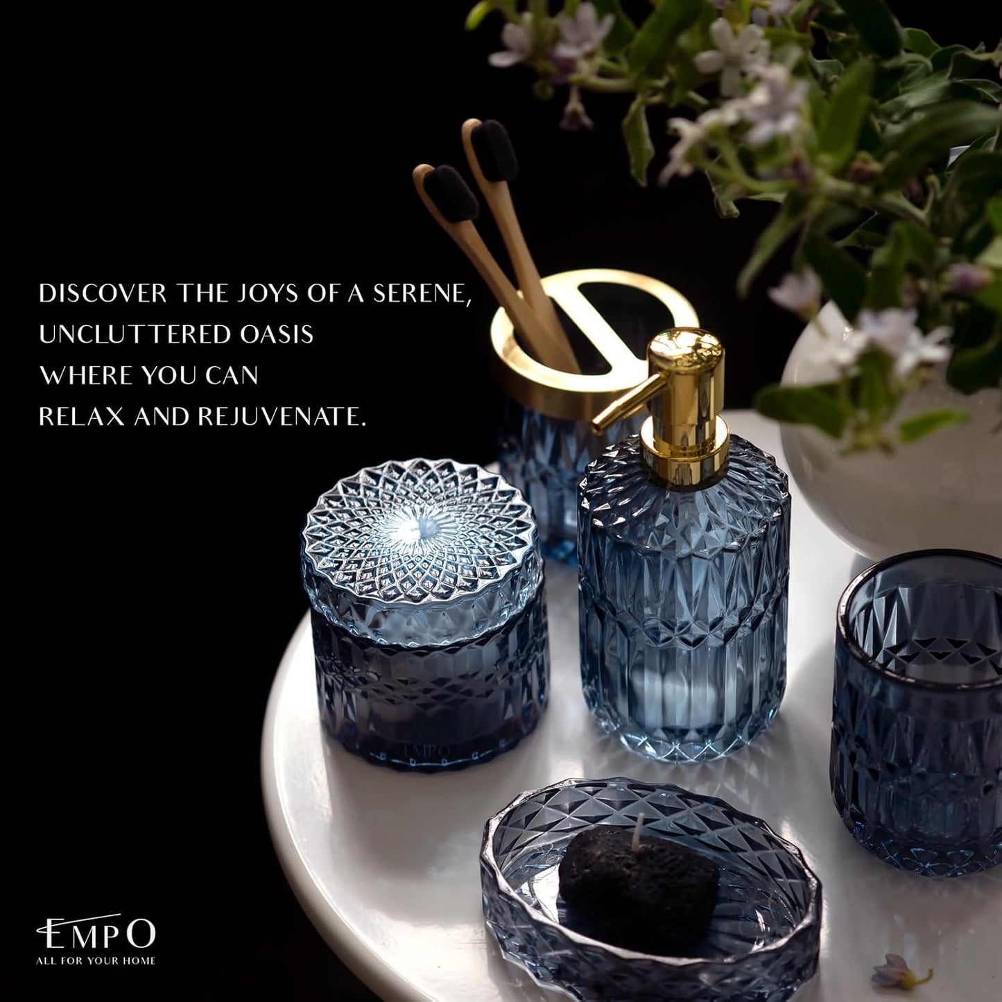 EMPO 6PCS Bathroom Clear Glass Accessories Set (Lotion Soap Dispenser, Soap Dish, Toothbrush Holder, Tumbler, Cotton Swab Jar), Contemporary Modern Decor Crystal Vintage Gift (6pcs Blue)