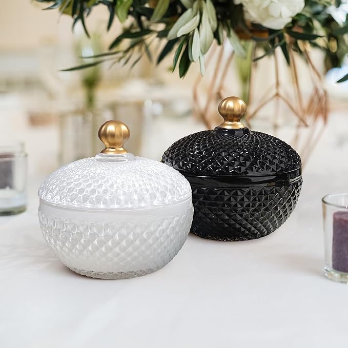 Joeyan 12 oz Small White Glass Jars with Lid,Embossed Glass Candy Dishes,Diamond Faceted Food Container,Decorative Jewelry Box Apothecary Canisters,Colored Kitchen Bathroom Buffet Storage Organizer