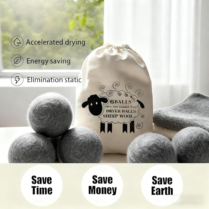 6 Pack Wool Dryer Balls Laundry Reusable Anti Static, Cotton Balls Wool Laundry Balls for Dryer Reduces Clothing Wrinkles Natural Fabric Softener Last 1000+ Loads (Dark Grey, 2.75 in/7 cm)