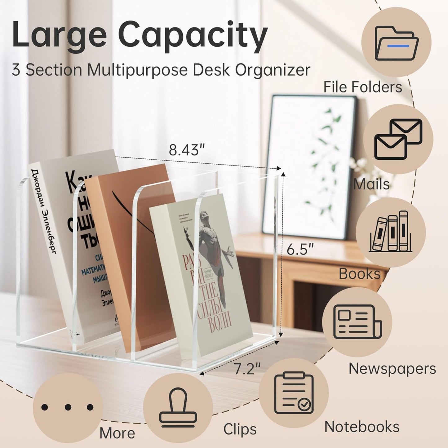 Acrylic Desk Organizer Book Organizer, Magazine File Holder, Vertical File Organizer Stand File Folder Holder, Mail Organizer Countertop Mail Sorter File Sorter, Clear Book Ends Book Holder