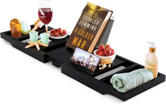 Bathtub Tray - Expandable Black Bamboo Bath Tray for Tub with Wine Glass Holder, Book & Tablet Stand - Wooden Bathtub Caddy Tray for Bathroom Accessories, Spa Relaxation, Housewarming & Wedding Gift