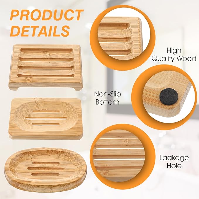 12 Pcs Bamboo Soap Dishes, Self-Draining Non-Slip Soap Saver, Wooden Soap Holder Tray, Shampoo Bar Holder for Bathroom, Kitchen (3 Size)