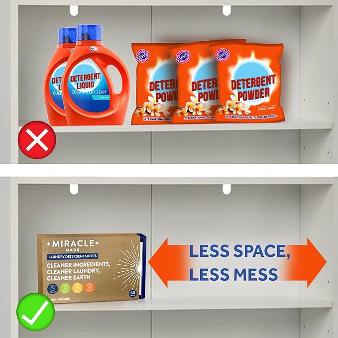 Miracle Made Liquidless Laundry Detergent Sheets – Eco-Friendly, Gentle Fabric Softener – No Dye, Bleach, or Paraben – 60 Strips (120 Loads) – Fresh Linen Scent