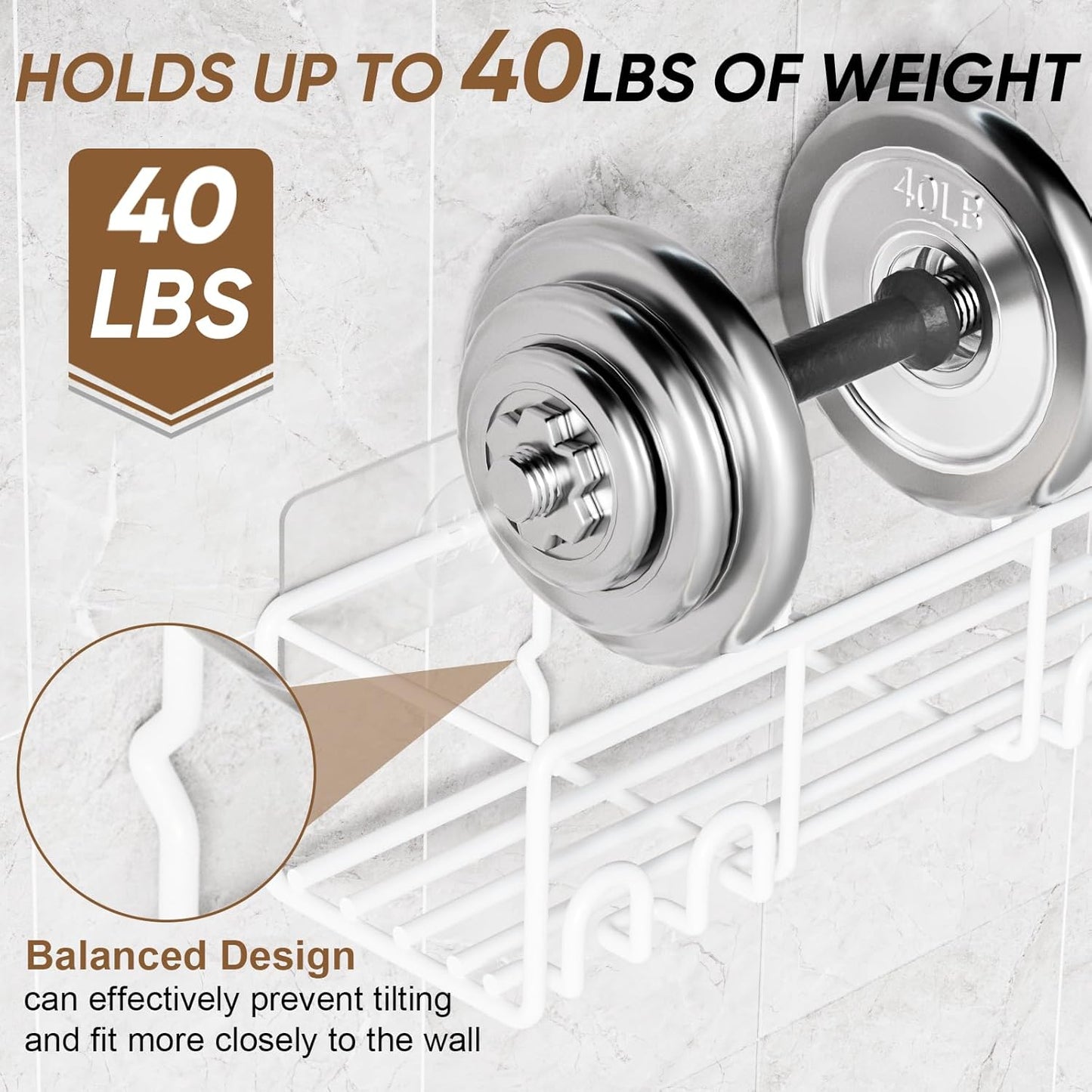 Adhesive Shower Caddy, Shower Shelves with Rustproof Coated, Wall Mounted Bathroom Organizer, Sleek Bathroom Organizers and Storage, No-Drilling (White, 2 Pack)