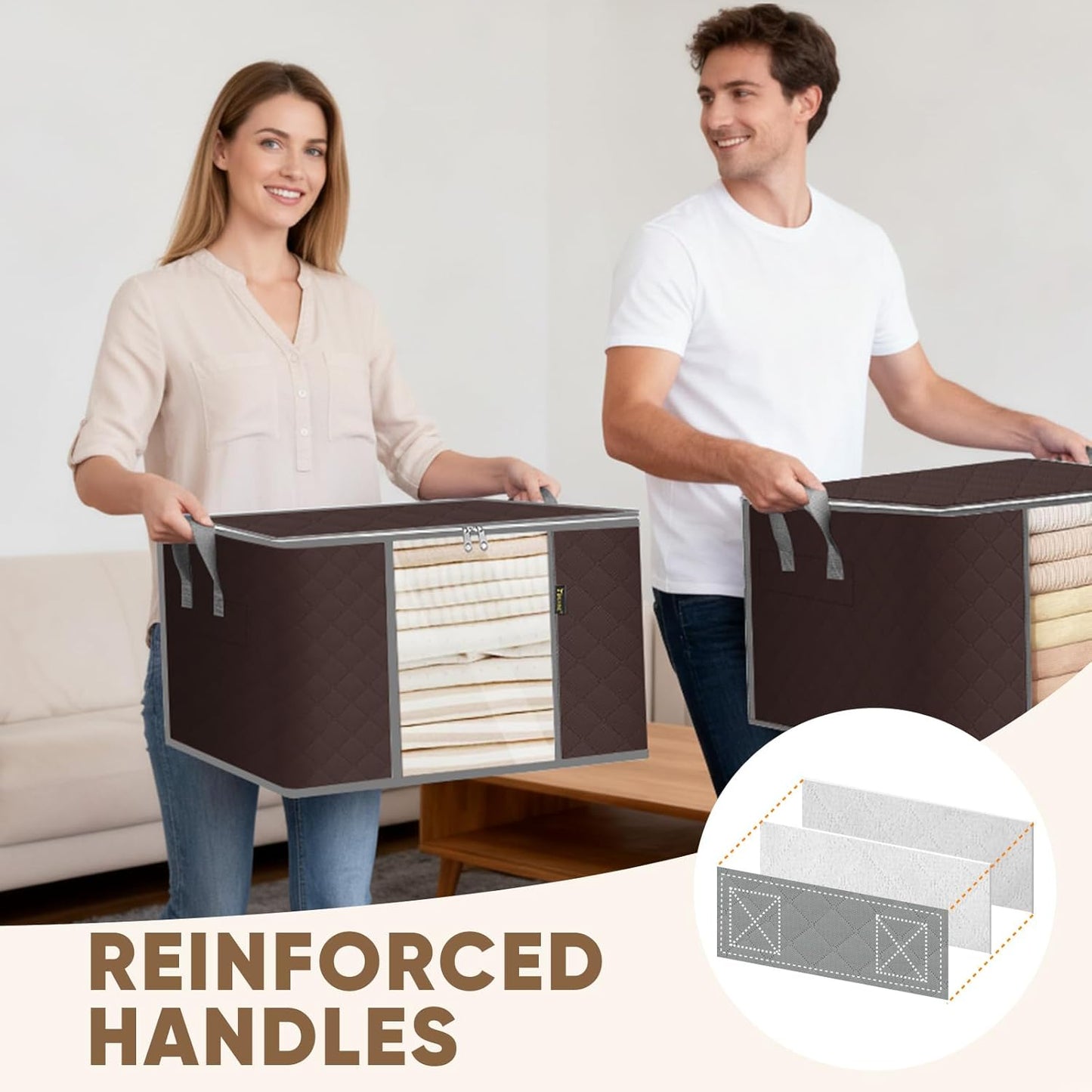 BALEINE 2 Pack Clothes Storage Bags, 16 Gallon Storage Containers with Reinforced Handle, Sturdy Zipper, Closet Organizer for Blanket, Comforter, Pillow, Bedding (Brown, 2 Pack)