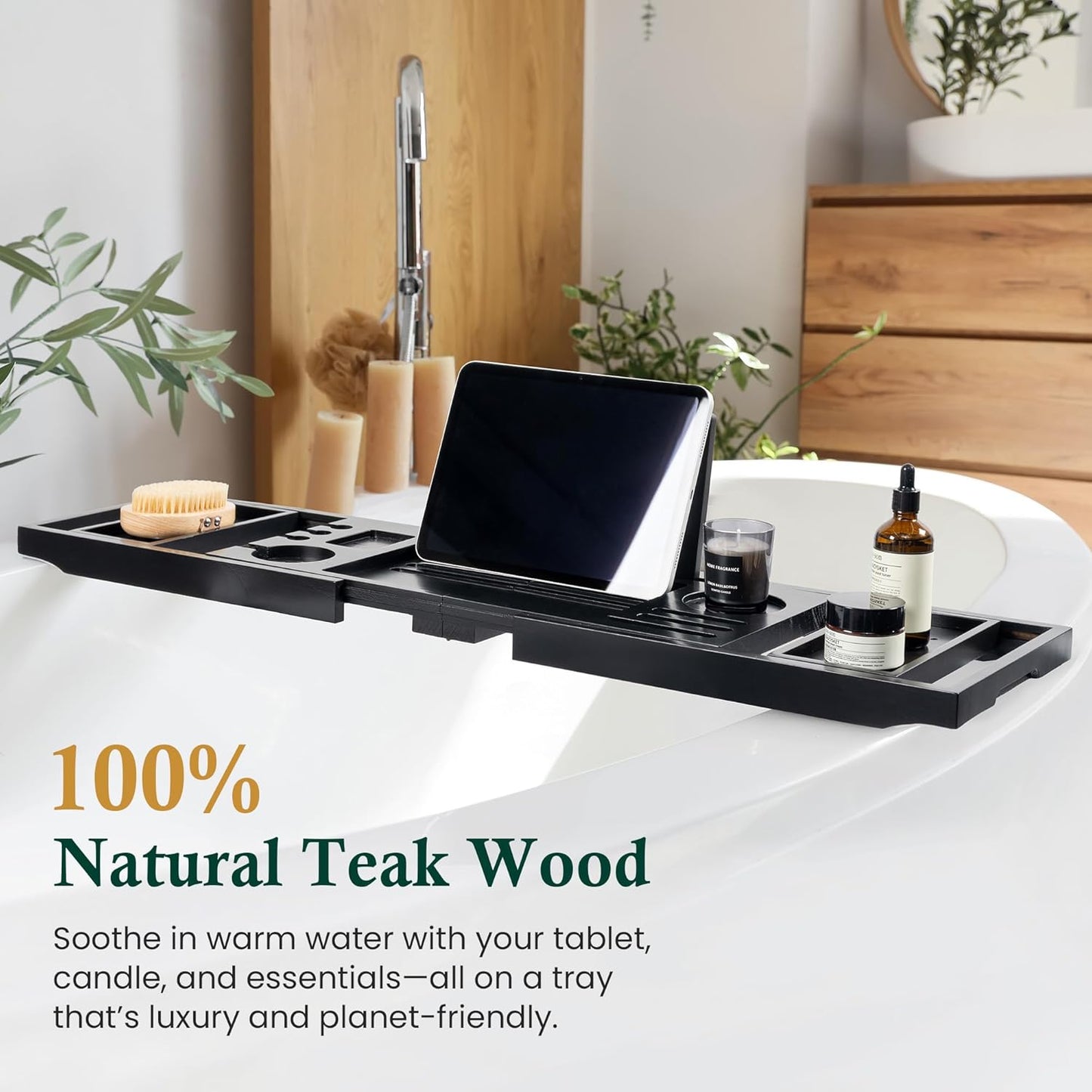Teak Bathtub Tray | Adjustable Width Tray with Wine Holder, Tablet/Phone & Book Stand, Splash-Proof for Bath Time- Black