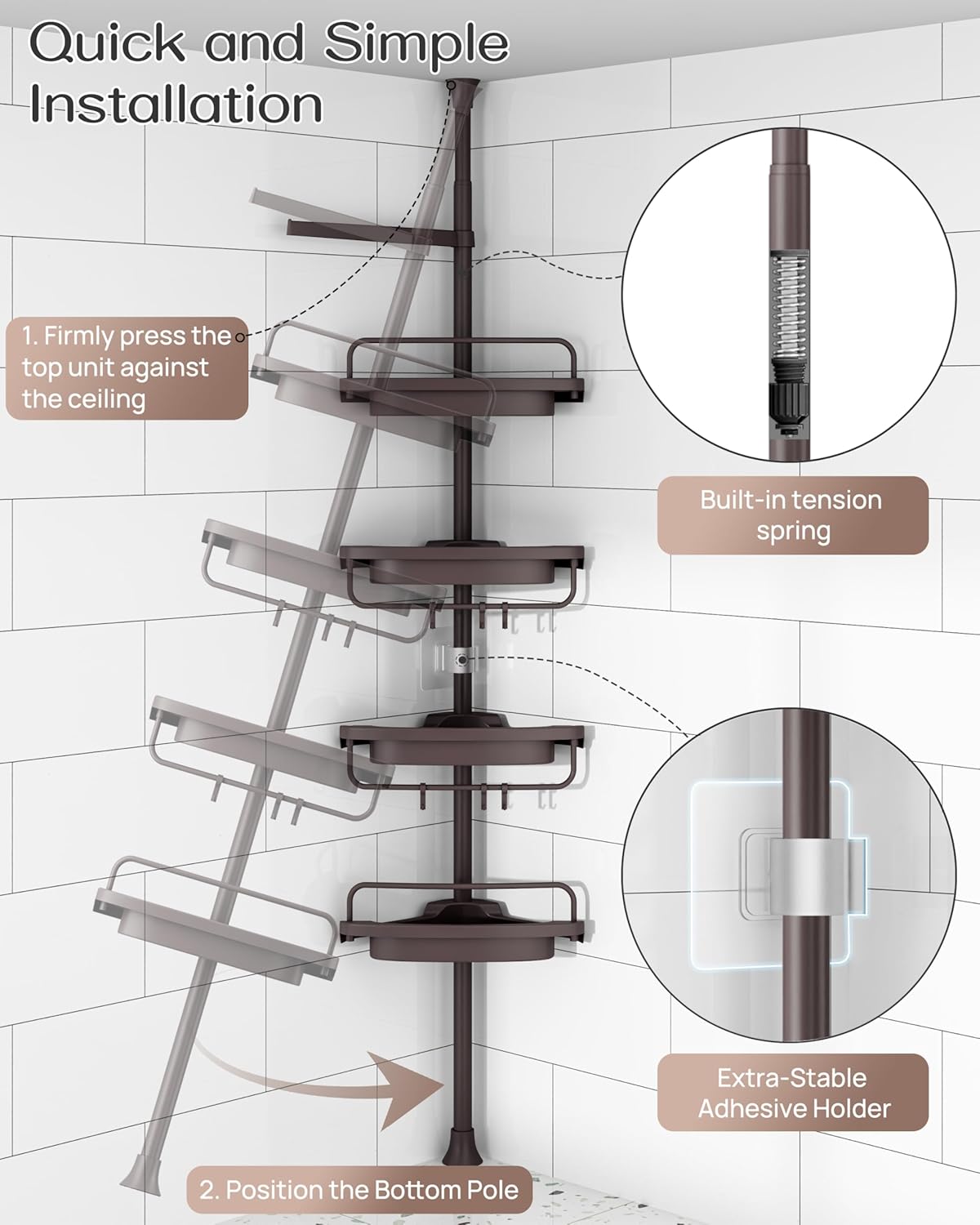 ALLZONE Rustproof Shower Caddy Corner for Bathroom, Bathtub Storage Organizer for Shampoo Accessories, 4-Tier Adjustable Shelves with Tension Pole, Fit Height 34 to 116 Inch, Brown