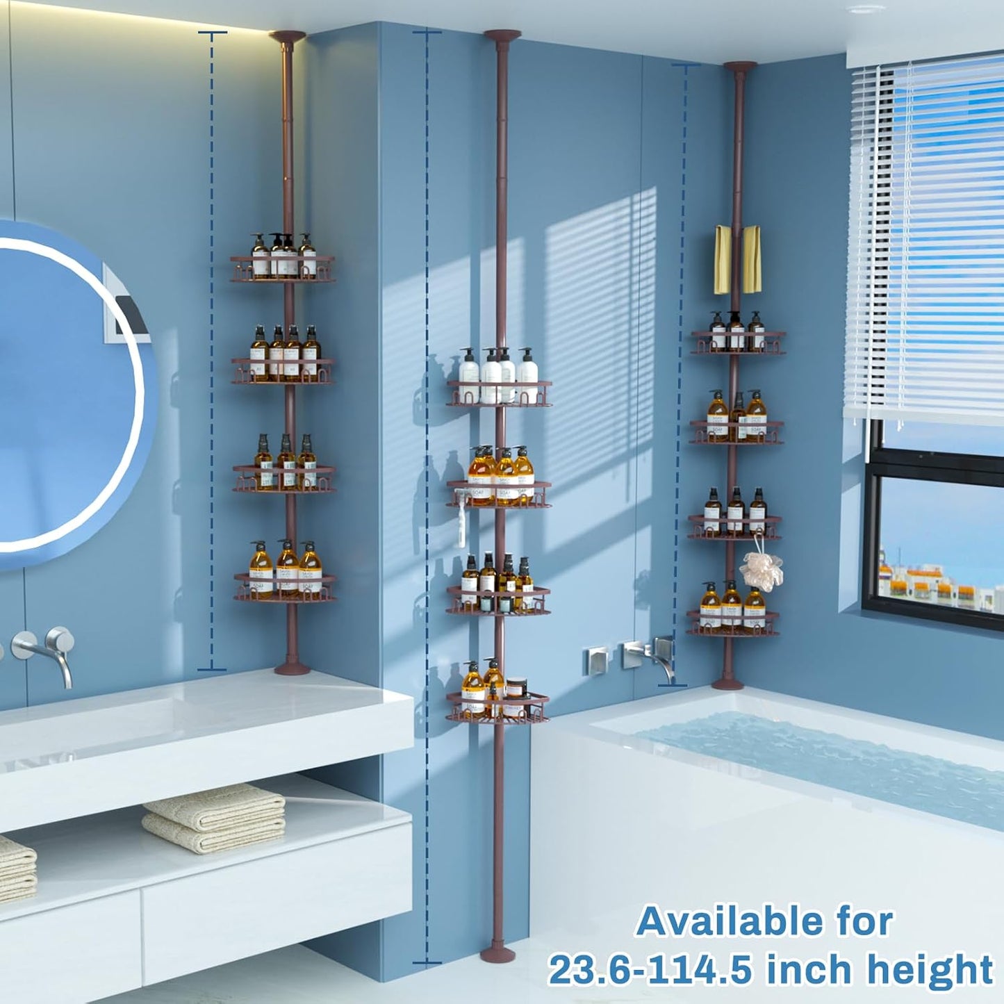 Rustproof Shower Corner Caddy Shelf for Bathroom Tension Pole Organizer with 4 Baskets for Bathtub Shampoo Storage from 23.6 to 114.5 Inch with Towel Bar (Bronze)