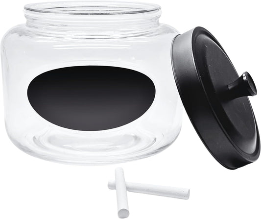 Kitchen and Laundry Storage Glass Jar – Wide Mouth Round Glass Storage Container with Black Steel Lid and Chalkboard Label - 2 Sticks of Chalk Included (1, 3L | 101oz | 0.8 Gallon)