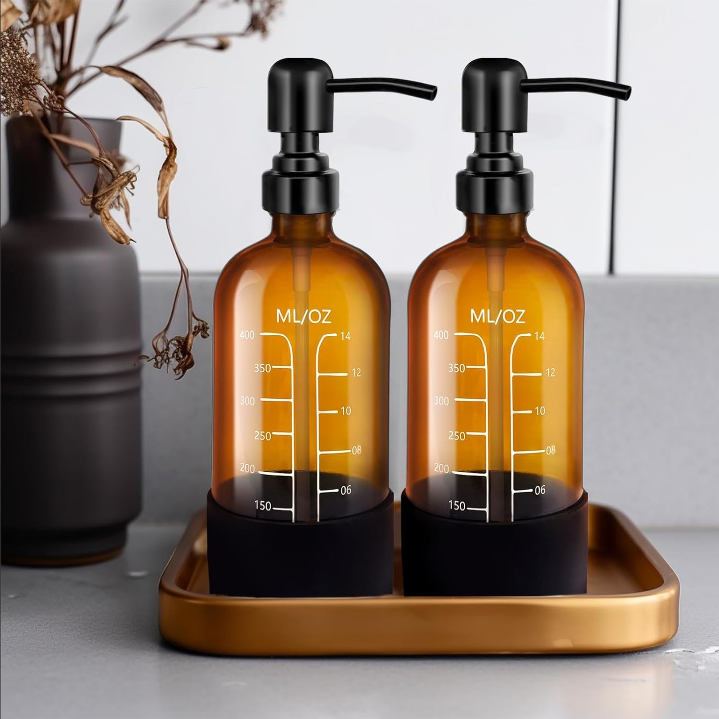 16oz Amber Glass Soap Dispenser with Stainless Steel Pump and Silicone Base for Kitchen and Bathroom, Set of 2