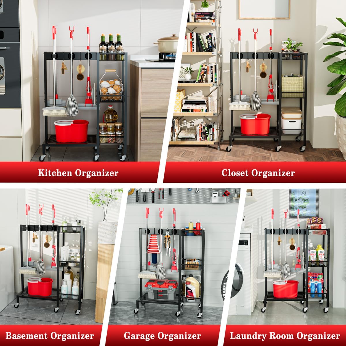 Broom and Mop Holder with Wheels, Large Capicity Cleaning Supplies Organizer with 3-tier Storage Shelf, Cleaning Rack with Hanger Grippers Hooks, Narrow Housekeeping Rack for Laundry Room Garage